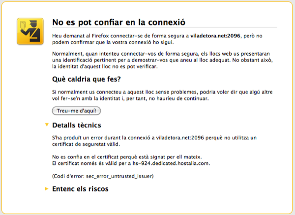 Pàgina d'error que mostra Firefox. Cliqueu l'opció Entenc els riscos.