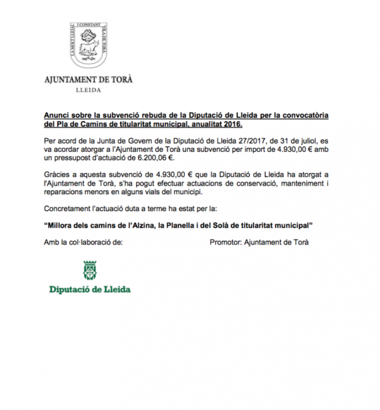 Subvenció de la Diputació de Lleida per la convocatòria del Pla de Camins de titularitat municipal