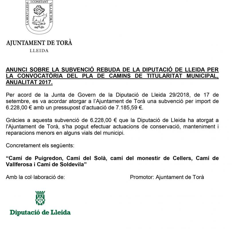 Anunci sobre la subvenció rebuda de la Diputació de Lleida per la convocatòria del Pla de Camins de titularitat municipal, anualitat 2017