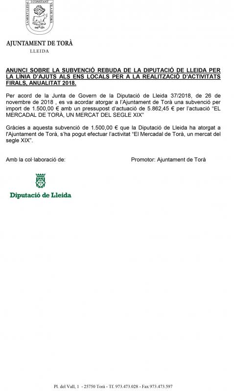 Anunci sobre la subvenció rebuda de la Diputació de Lleida per la línia d'ajuts als ens locals per a la realització d'activitats firals. Anualitat 2018