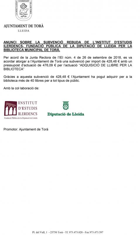 Anunci sobre la subvenció rebuda de l'Institut d'Estudis Ilerdencs - Fundació Pública de la Dipitació de Lleida per la Biblioteca Municipal de Torà