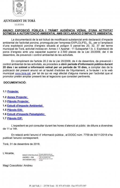 Anunci exposició pública i tràmit audiència veïnal d'una activitat sotmesa a autorització ambiental amb declaració d'impacte ambiental