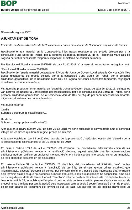 Edicte de rectificació d’errades de la Convocatòria i Bases de la Borsa de Cuidadors i ampliació de termini