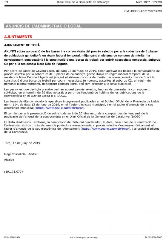 Procés selectiu per a la cobertura de 3 places de cuidador/a-gerocultor/a en règim laboral temporal de la Residència Mare Déu de l’Aguda