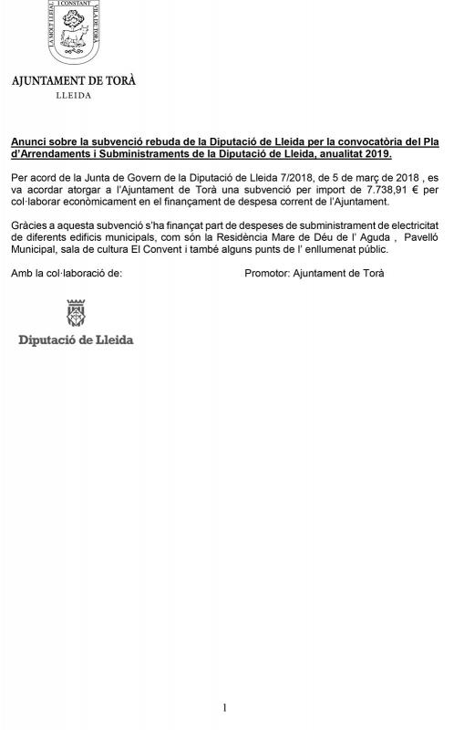 Anunci sobre la subvenció rebuda de la Diputació de Lleida per la convocatòria del Pla d’Arrendaments i Subministraments de la Diputació de Lleida, anualitat 2019