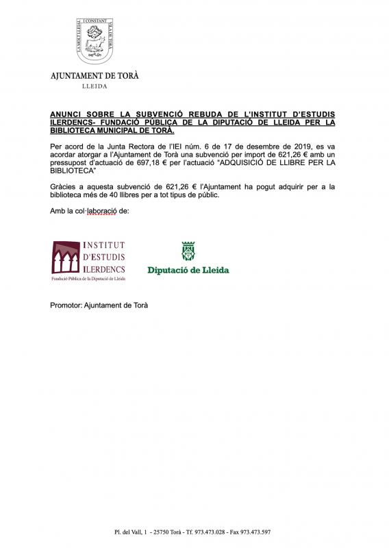 Anunci sobre la subvenció rebuda de l'Institut d'Estudis Ilerdencs - Fundació Pública de la Diputació de Lleida per la Biblioteca Municipal de Torà