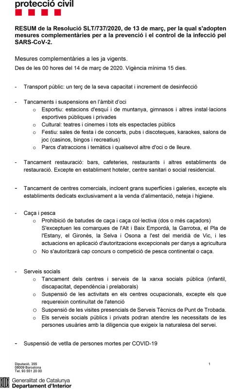 Protecció civil: mesures complementàries per a la prevenció i el control de la infecció pel SARS-CoV-2