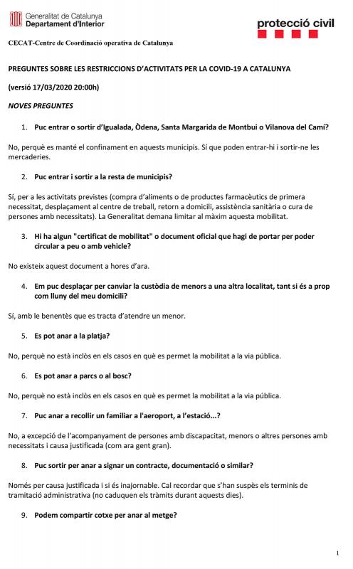 Protecció civil: preguntes sobre les restriccions d'activitats pel COVID-19