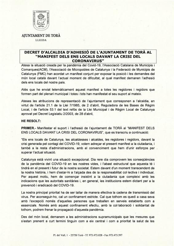 L'ajuntament de Torà s'adhereix al manifest #Aturemelcovid19