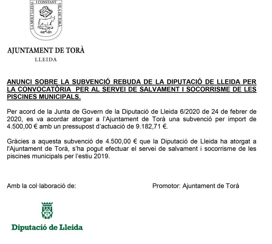 Anunci sobre la subvenció rebuda de la Diputació de Lleida per la convocatòria per al servei de salvament i socorrisme de les piscines municipals