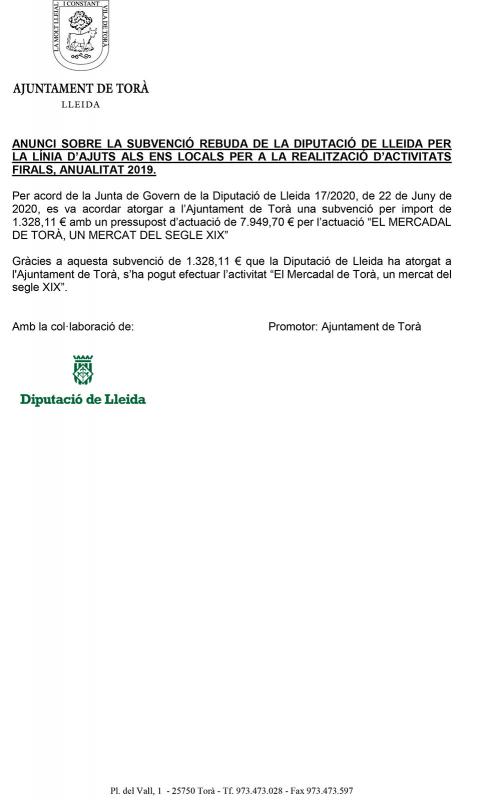 Anunci sobre la subvenció rebuda de la Diputació de Lleida per la línia d'ajuts als ens locals per a la realització d'activitats firals. Anualitat 2019