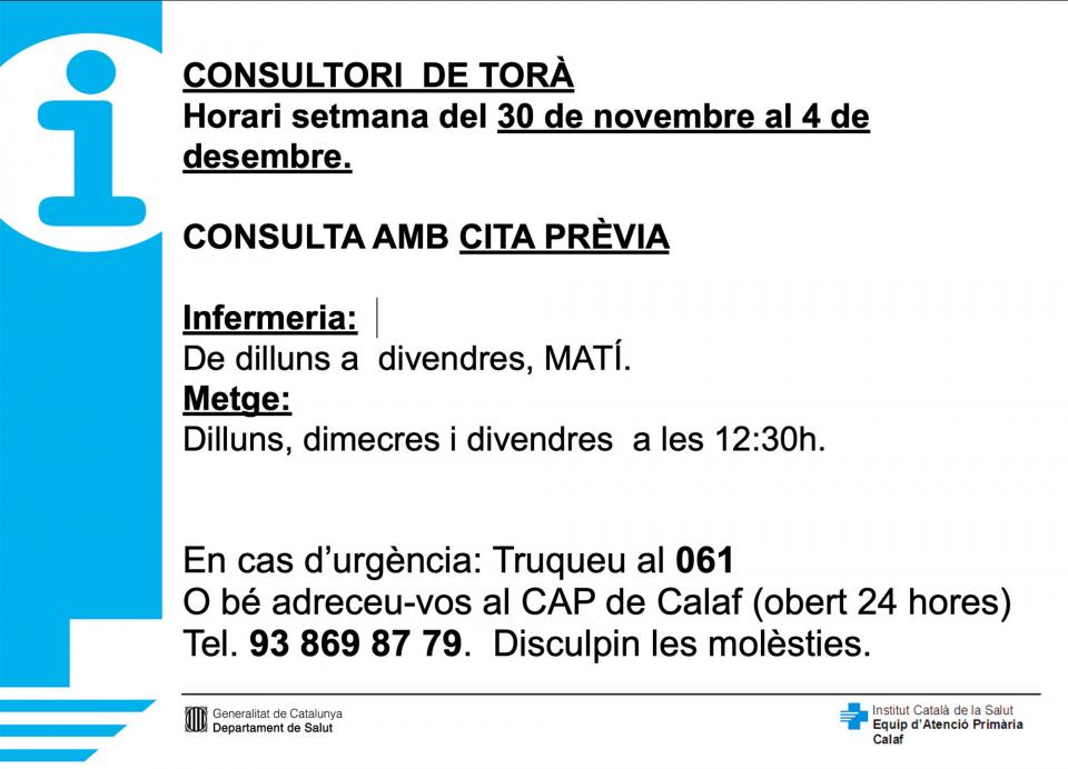 Horaris del consultori mèdic la setmana del 30 de novembre al 4 de desembre