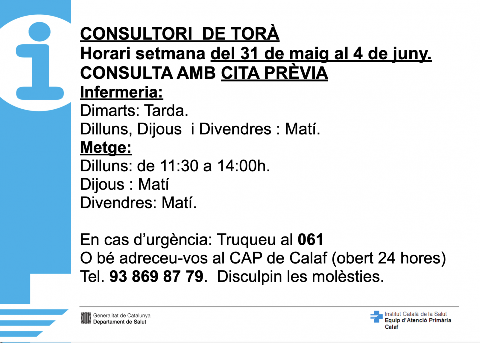 Horaris del consultori mèdic la setmana del 31 de maig al 4 de juny