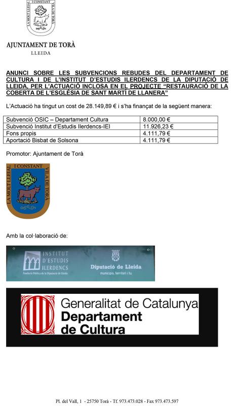 Anunci sobre les subvencions rebudes del Departament de Cultura i de l'Institut d'Estudis Ilerdencs de Lleida en el projecte 'Restauració de la coberta de l'església de Sant Martí de Llanera'
