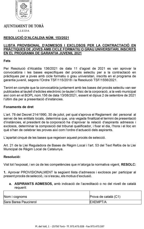 Llista provisional d'admesos i exclosos per la contactació en pràctiques de joves amb cicle formatiu o grau universitari, inscrits en el programa de garantia juvenil 2021