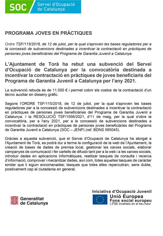 Anunci sobre la subvenció rebuda del Servei d'Ocupació de Catalunya