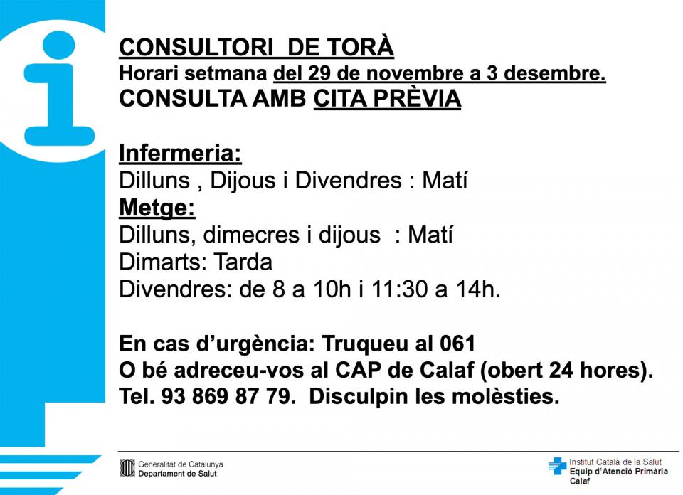 Horaris del consultori mèdic la setmana del 29 de novembre a 3 desembre