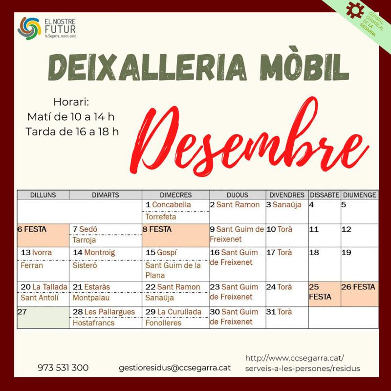 Calendari deixalleria mòbil desembre a Torà