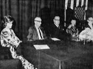 Jocs Florals de la Llengua Catalana 1973, celebrats a Mèxic. Part del Consistori: Francesca Domingo d'Ollé, Pere Foix, Pere Bosch Gimpera, Núria Parés i Agustí­ Cabruja.