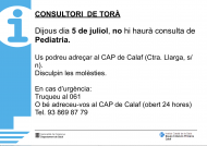 Dijous dia 5 de juliol, no hi haurà consulta de Pediatria
