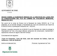 Anunci sobre la subvenció rebuda de la Diputació de Lleida per la convocatòria del Pla de Camins de titularitat municipal, anualitat 2017