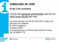 Horari del personal administratiu del consultori de Torà el divendres 2 de novembre