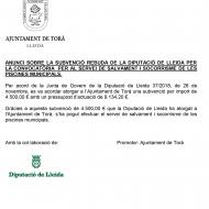 Anunci sobre la subvenció rebuda de la Diputació de Lleida per la convocatòria per al servei de salvament i socorrisme de les piscines municipals