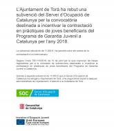 L’Ajuntament de Torà ha rebut una subvenció del Servei d’Ocupació de Catalunya