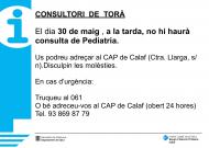 El dijous dia 30 de maig, a la tarda, no hi haurà consulta de Pediatria