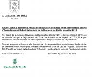 Anunci sobre la subvenció rebuda de la Diputació de Lleida per la convocatòria del Pla d’Arrendaments i Subministraments de la Diputació de Lleida, anualitat 2018