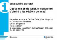 Consultori mèdic de Torà horari del 25 de juliol