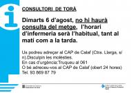 Dimarts 6 d’agost no hi haurà consulta del metge
