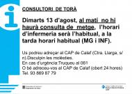 Dimarts 13 d’agost al matí no hi haurà consulta del metge