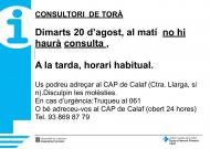 Dimarts 20 d’agost al matí no hi haurà consulta del metge