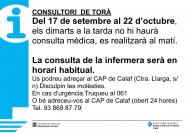 Del 17 de setembre al 22 d’octubre, els dimarts a la tarda no hi haurà consulta mèdica