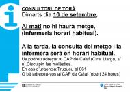 Dimarts dia 10 de setembre al matí no hi haurà consulta mèdica