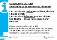 Horaris del consultori la setmana del 30 de desembre al 3 de gener