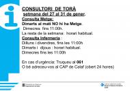 Horaris del consultori mèdic la setmana del 27 al 31 de gener