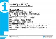 Horaris del consultori mèdic la setmana del 10 al 14 de febrer