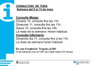 Horaris del consultori mèdic la setmana del 9 al 13 de març