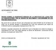 Anunci sobre la subvenció rebuda de la Diputació de Lleida per la convocatòria per al servei de salvament i socorrisme de les piscines municipals