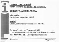 Horaris del consultori mèdic la setmana del 23 al 27 de novembre