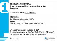 Horaris del consultori mèdic la setmana del 30 de novembre al 4 de desembre