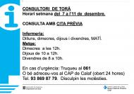 Horaris del consultori mèdic la setmana del 7 a l’11 de  desembre