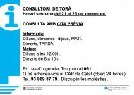 Horaris del consultori mèdic la setmana del 21 al 25 de desembre