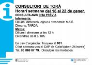 Horaris del consultori mèdic la setmana del 18 al 22 de gener