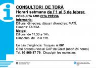 Horaris del consultori mèdic la setmana de l’1 al 5 de febrer