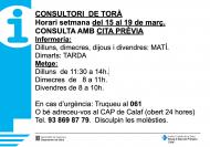 Horaris del consultori mèdic la setmana del 15 al 19 de març