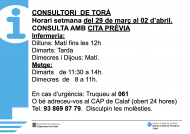 Horaris del consultori mèdic la setmana del 29 de març al 02 d’abril