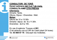 Horaris del consultori mèdic la setmana del 3 al 7 de maig